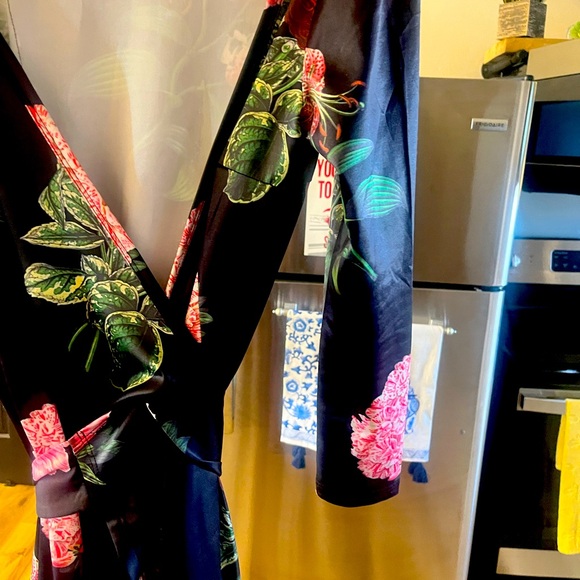 Black silky floral full length stunning wrap dress by Voodoo Vixen in Medium! - Picture 6 of 8